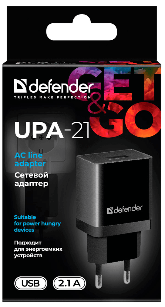 Сетевой адаптер Defender UPA-21 черный, 1xUSB, 5V/2.1А