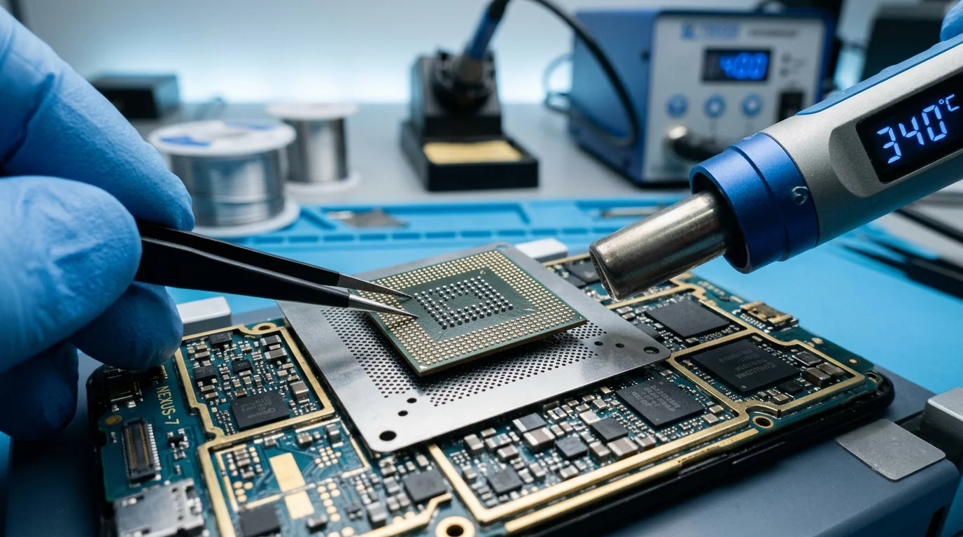 Реболлинг BGA-бутербродов CPU + RAM (PoP): зачистка компаунда, термопрофили, восстановление пятаков и диагностика